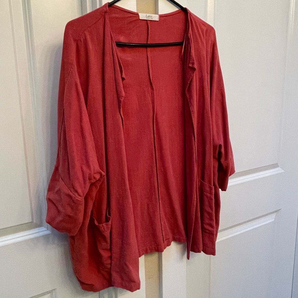 Linen & Rayon EcoVibe Apparel cardigan w/pockets. Salmon color.